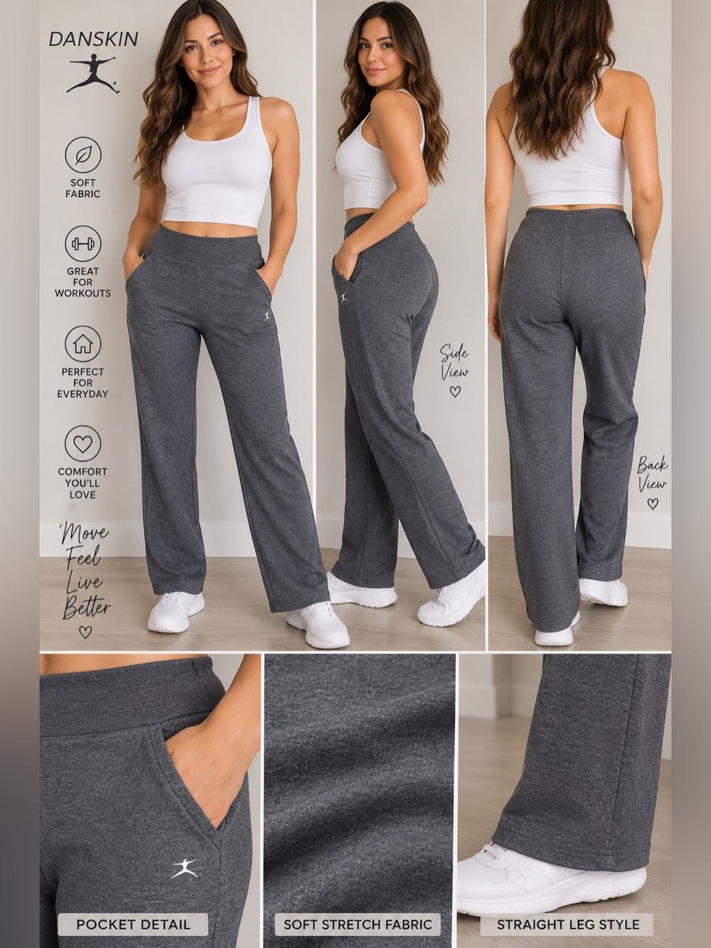Danskin Women’s Gray Straight Leg Yoga Active Pants Size M 8-10
